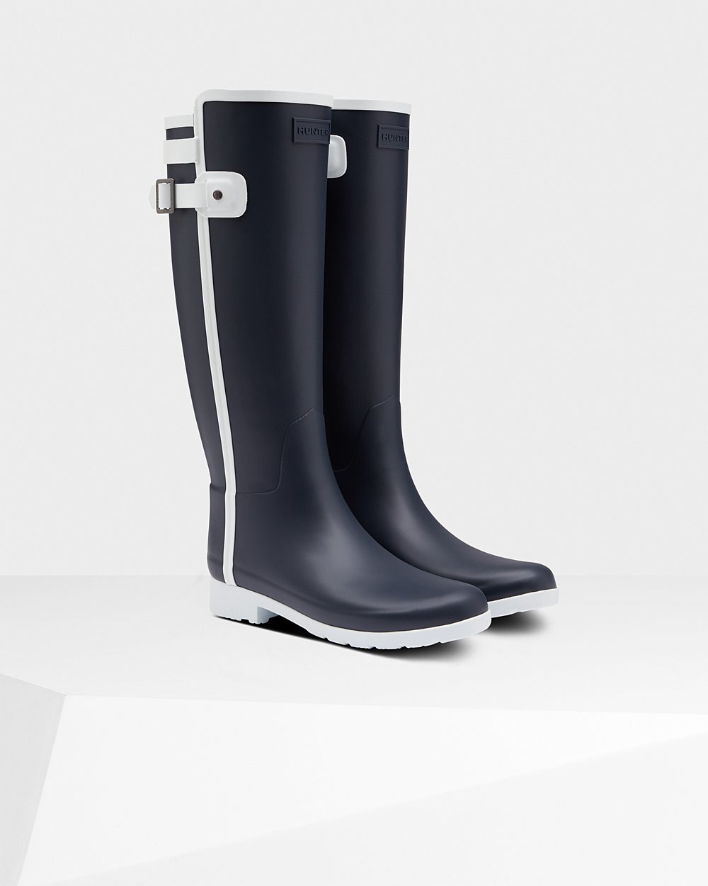 Womens Tall Rain Boots - Hunter Refined Slim Fit Contrast (64UHDIZWP) - Navy/White